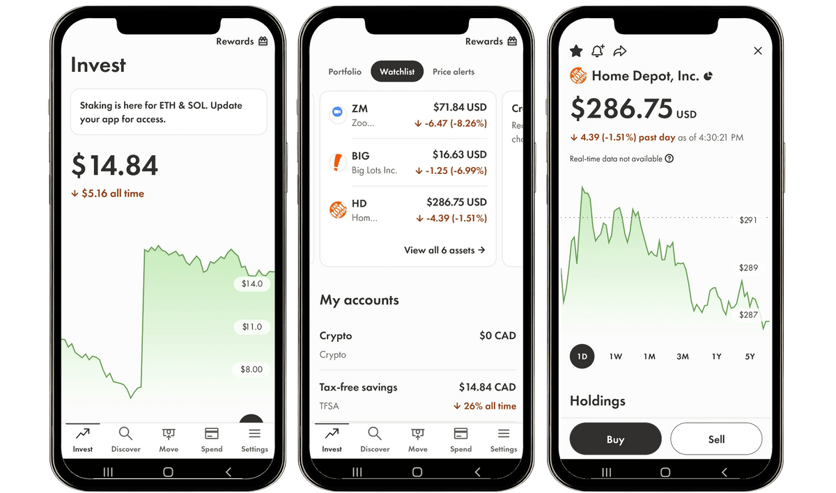Wealthsimple app screens showing investing, portfolio, and stock details